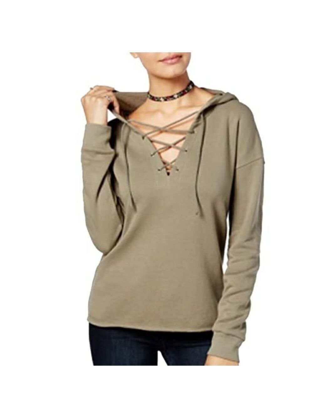 Ultra Flirt Army Green Lace Up V Neck French Terry Hoodie Sweatshirt Small
